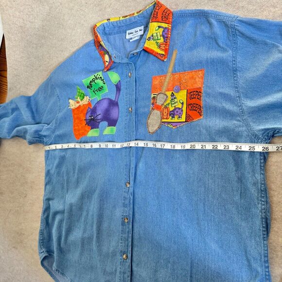 Vtg Shane Lee blue denim Halloween applique button up shirt Womens 2XL (fits XL) - Picture 6 of 8